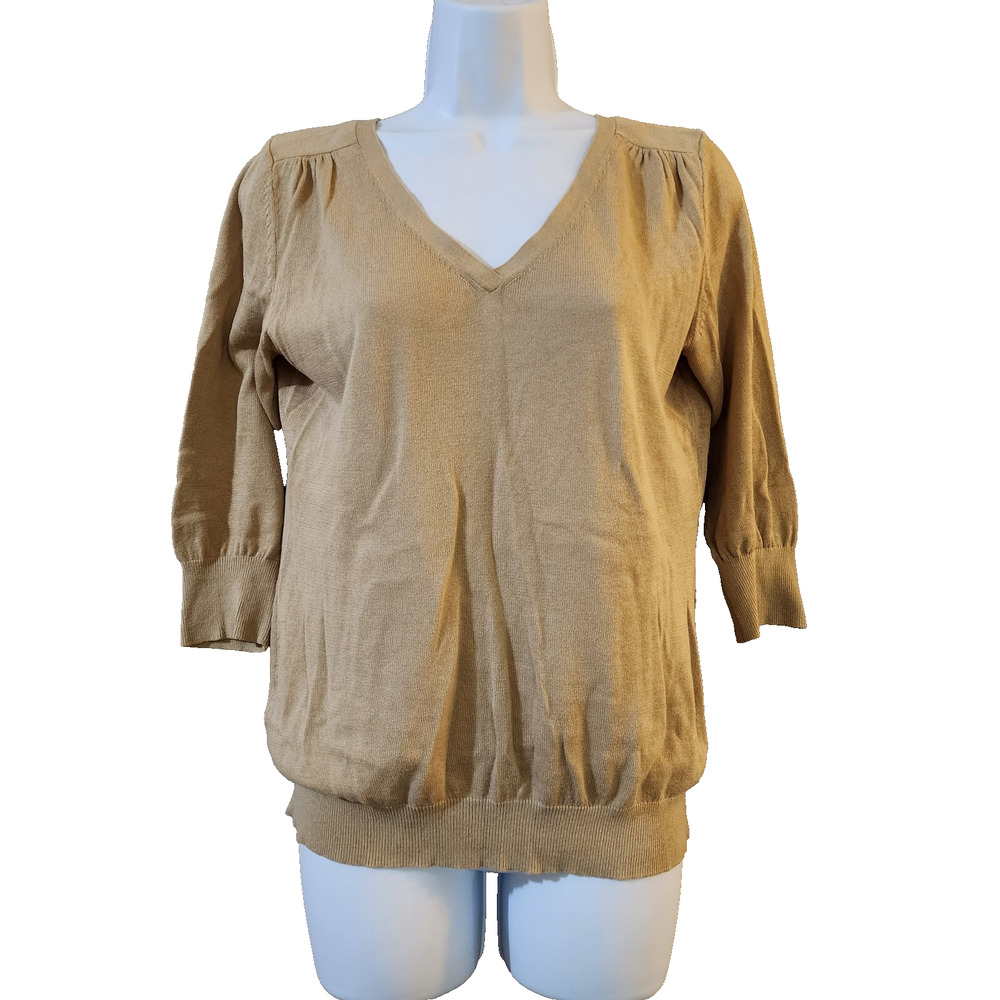 Banana Republic Womens V-Neck Sweater Size S Beige Pleated Shoulder 3/4 Sleeve